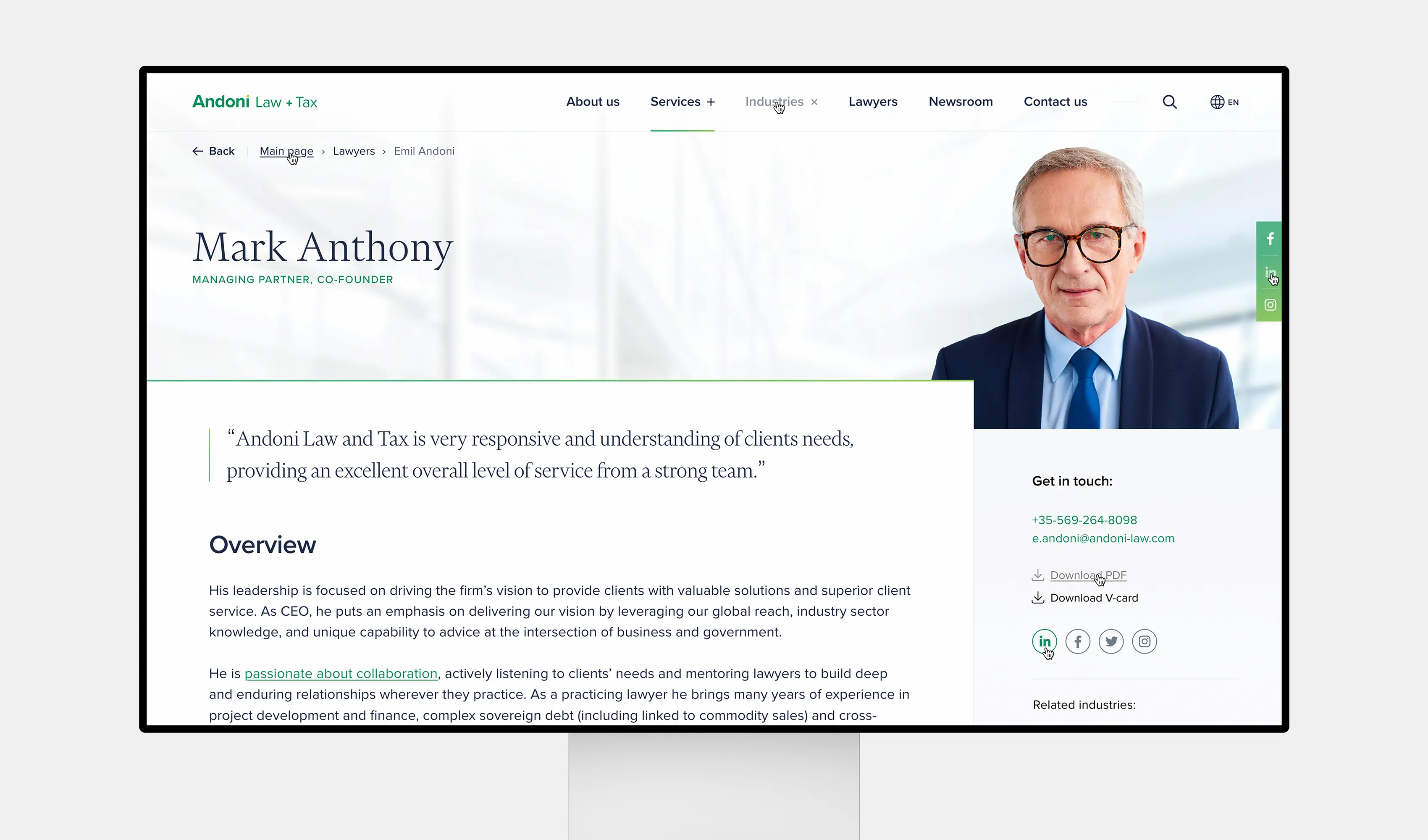 the lawyer's page UX/UI design (the interface) created by Smotrow Design for the Albanian-based law firm Andoni Law & Tax