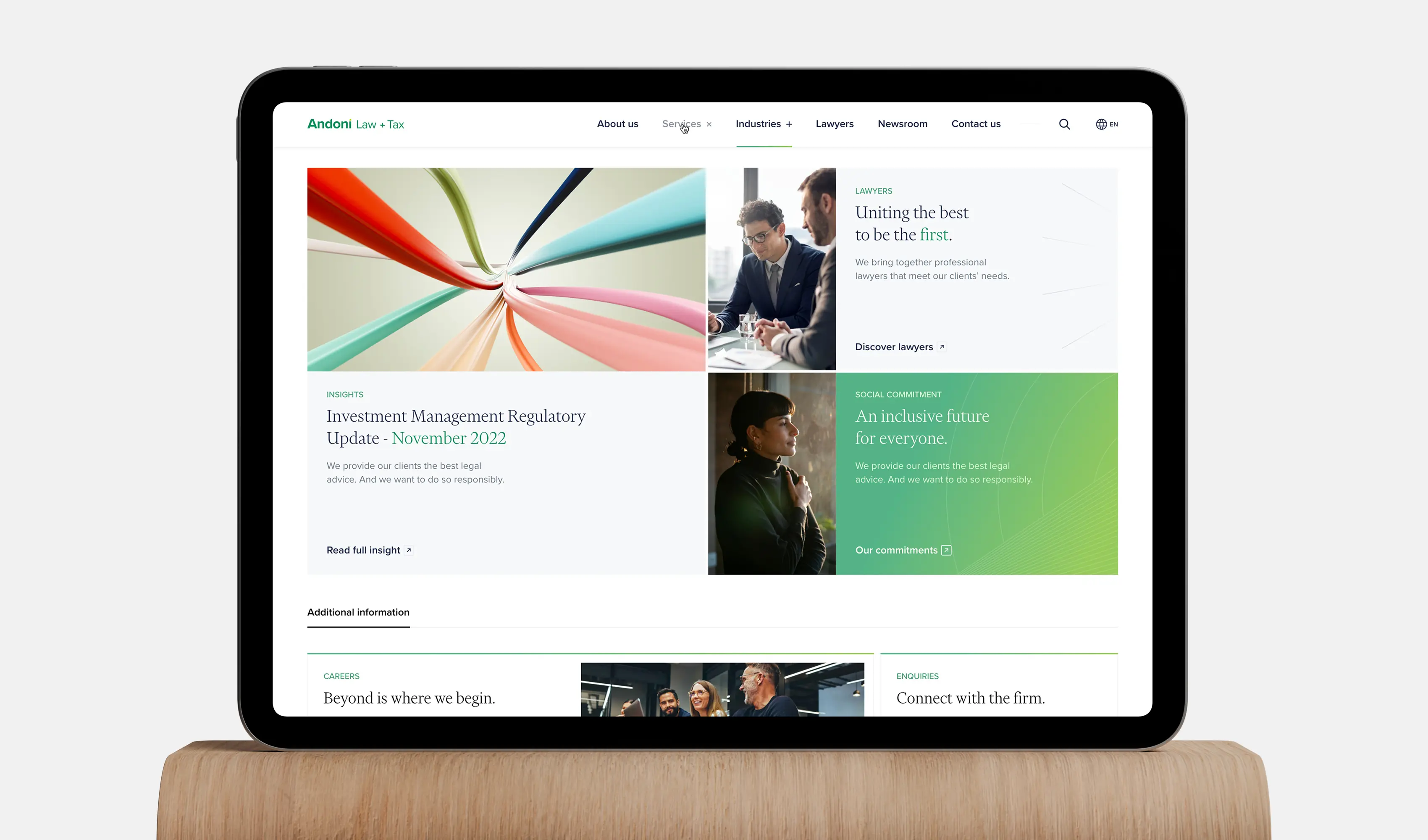 the main page of the new Andoni Law & Tax website by Smotrow Design