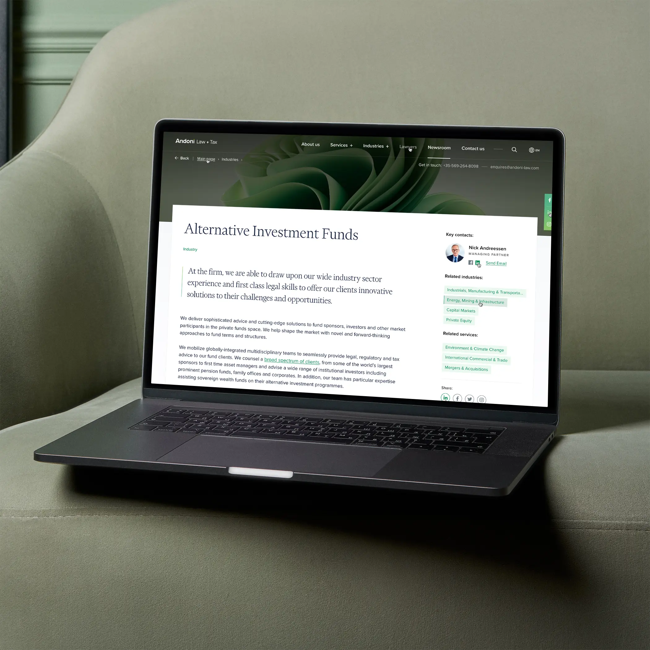 the article/news/materials/press-release page for the new website of Andoni Law & Tax created by a design anf technology firm Smotrow Design, and Nikita Smotrov