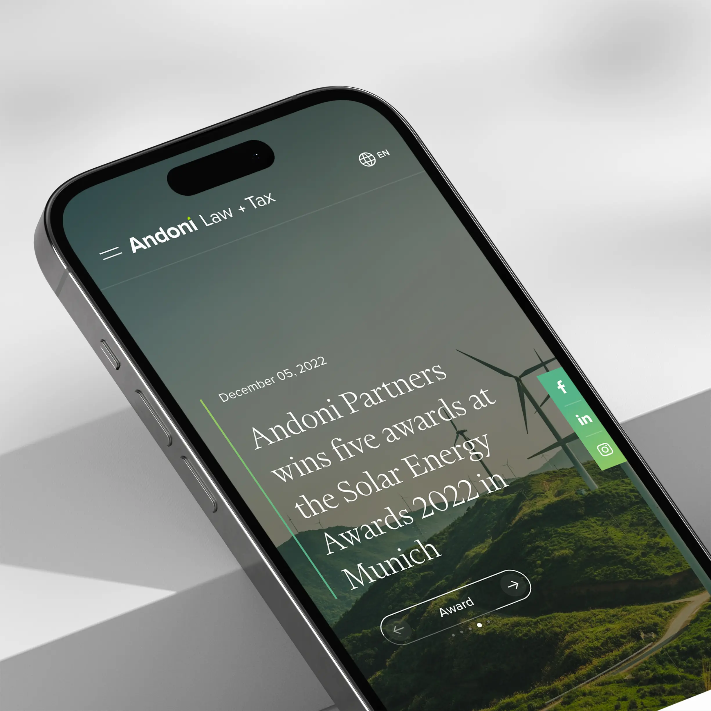 the Andoni Law & Tax website on a mobile device (mobile version, iphone, responsive design)