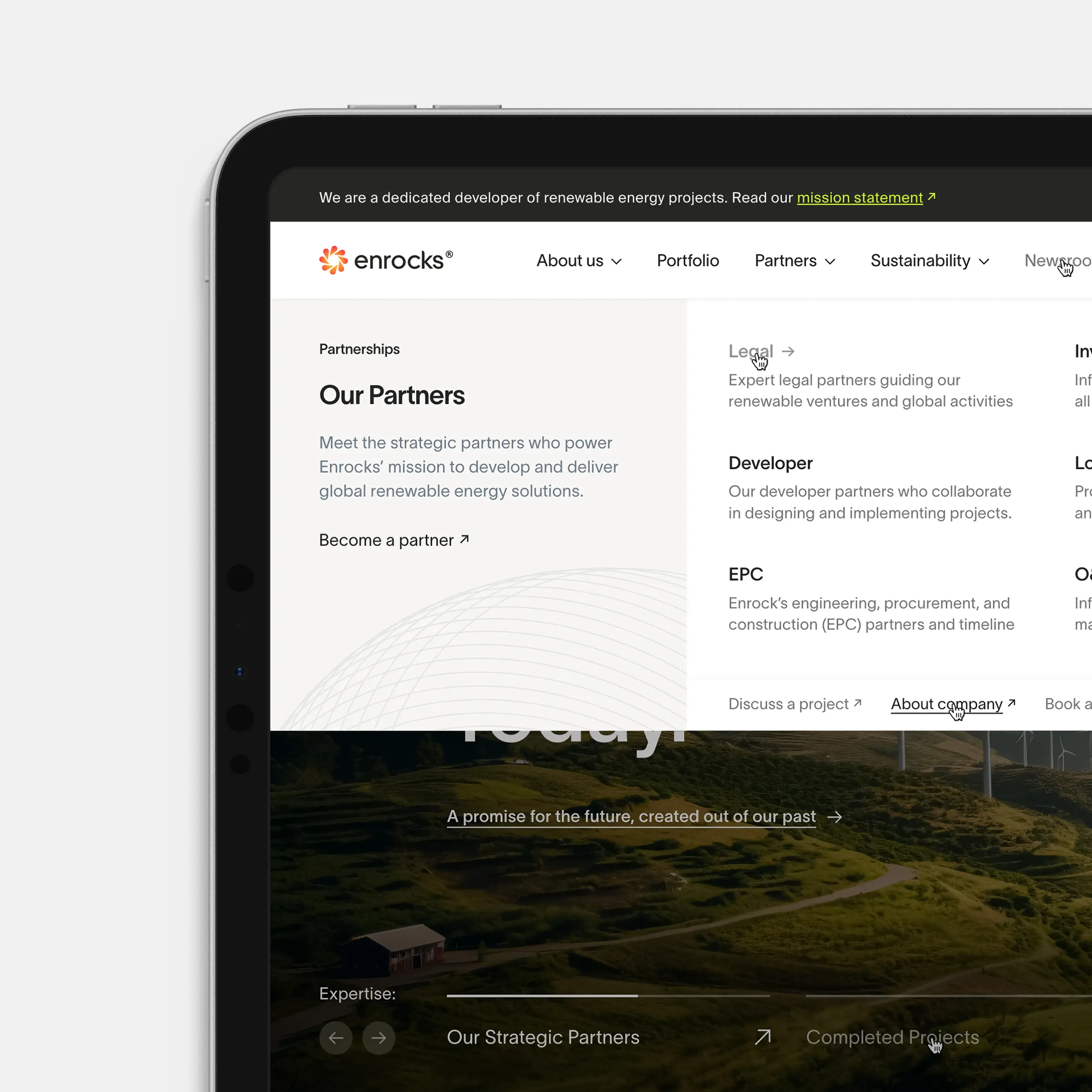 A header of the corporate website for Enrocks designed and developed by Smotrow Design in 2023