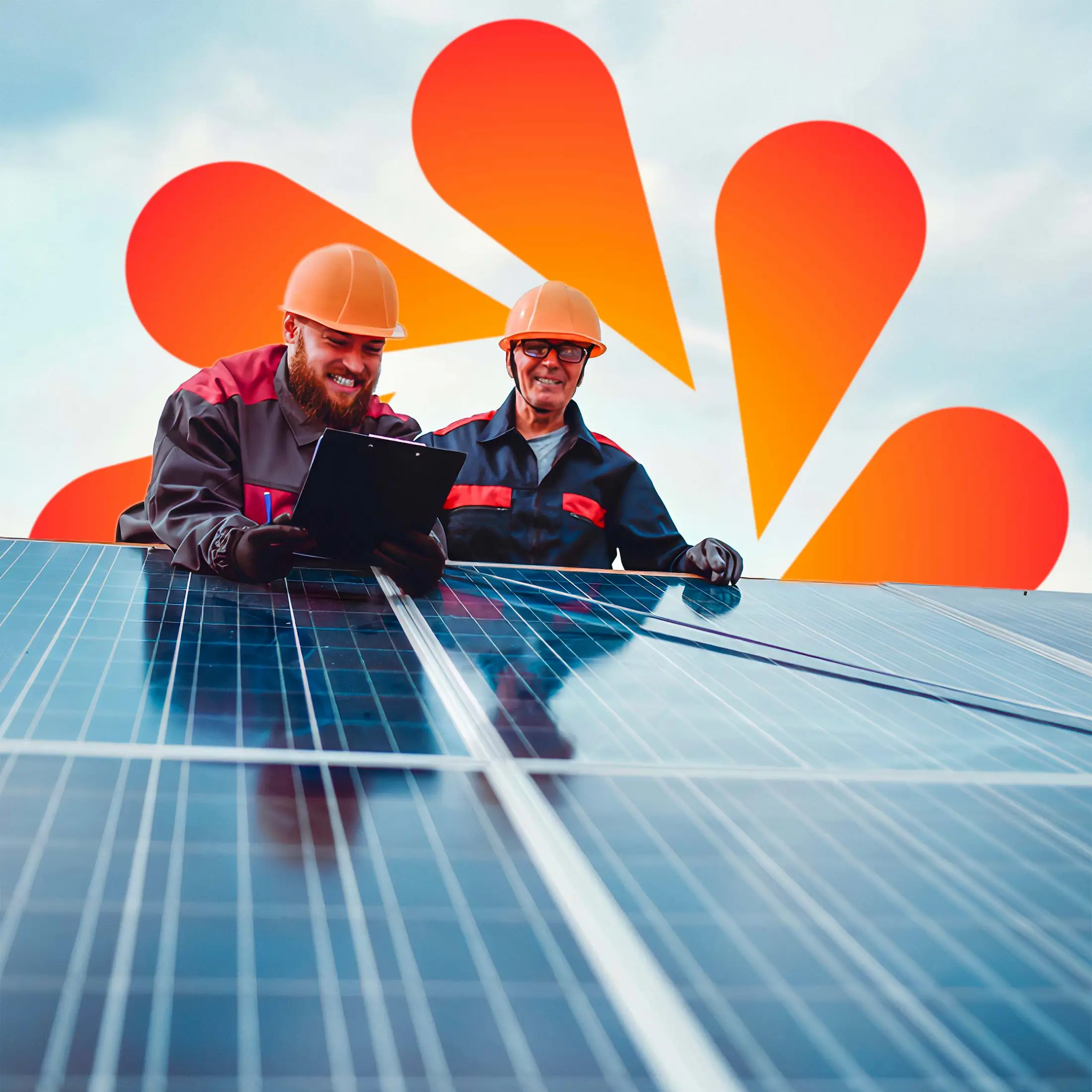 two men from the Enrocks team are standing near the solar panel, the brand identity was designed by Smotrow Design in 2023