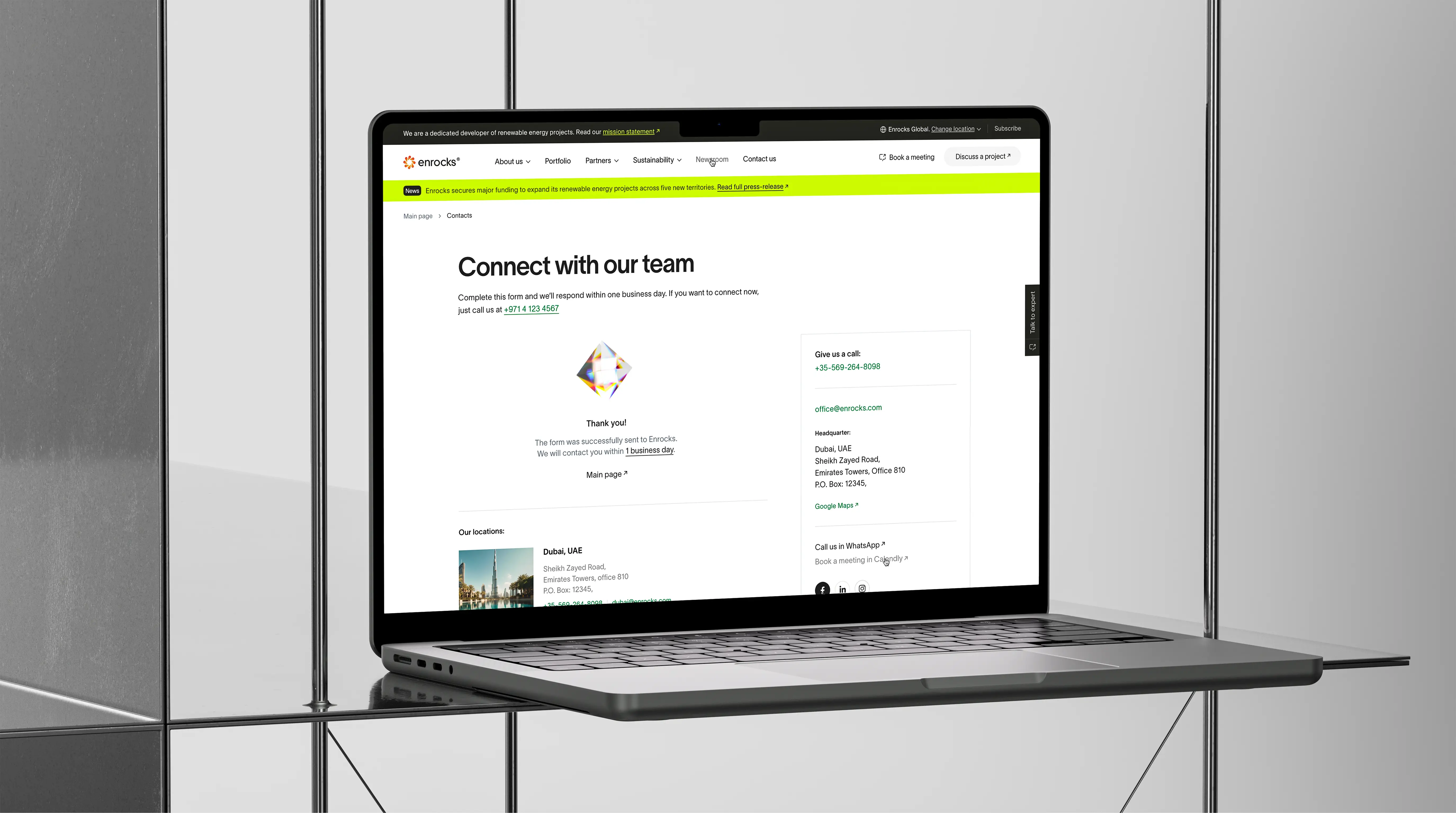 when a user successfully sends a contact form to Enrocks, designed and developed by Smotrow Design