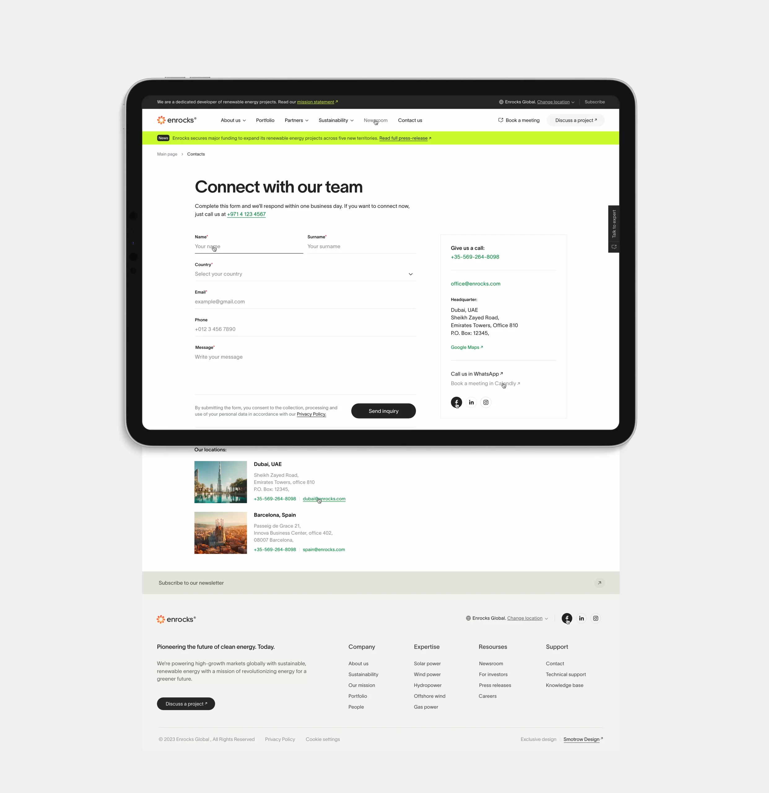 the interface of the new contact page for the Enrocks's website designed and developed by Smotrow Design in 2023