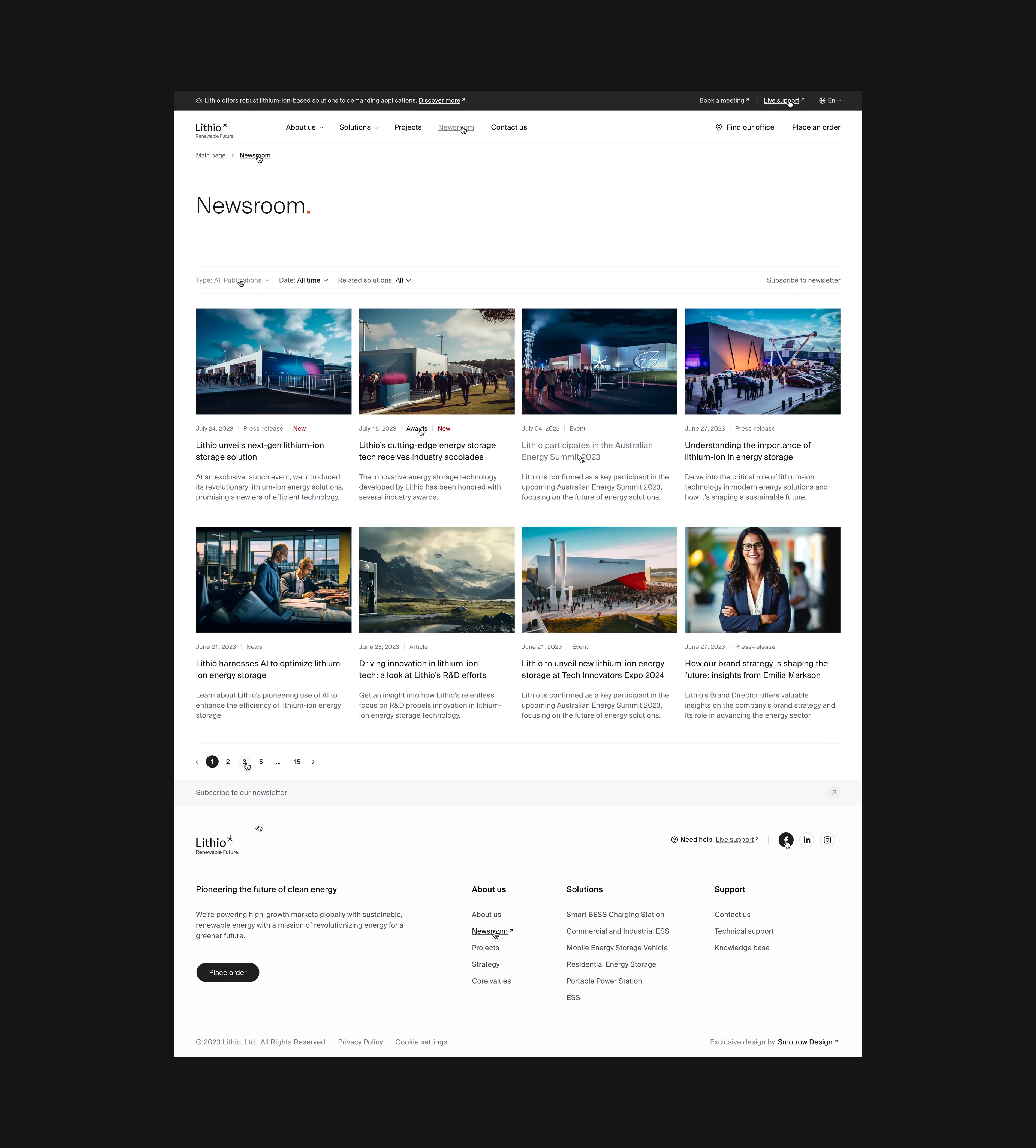 the Newsroom page UX/UI desgin creare to showcase Lithio's publications, with filters, created by Smotrow Design in 2023