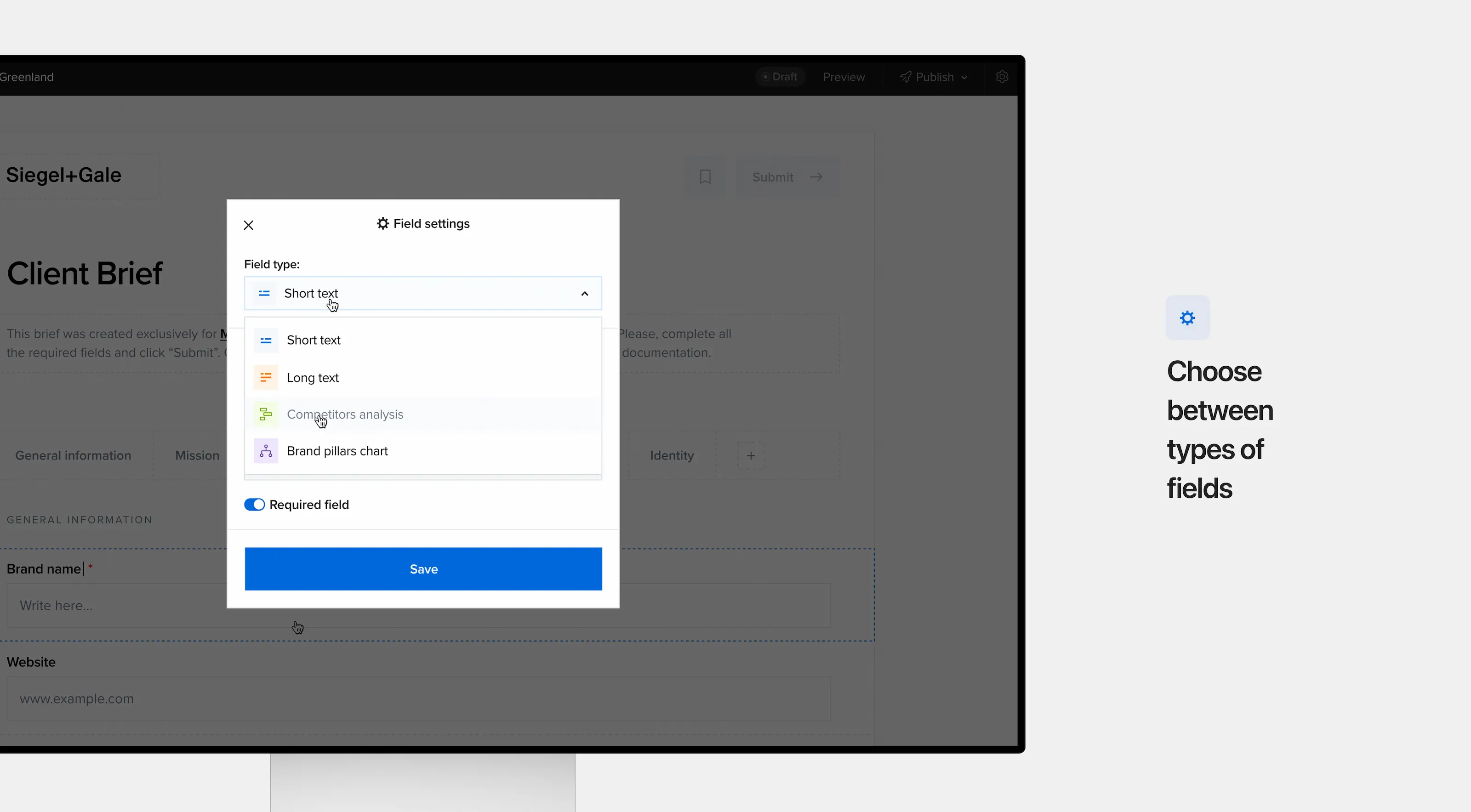 Customize fields in the client brief generator, created by Smotrow Design