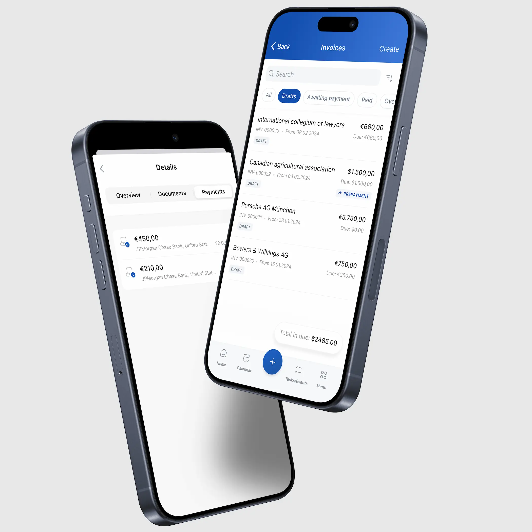 Two smartphones displaying the Jusnote app's invoicing module, with one showing payment details and the other listing invoices from various entities, designed by Smotrow Design.