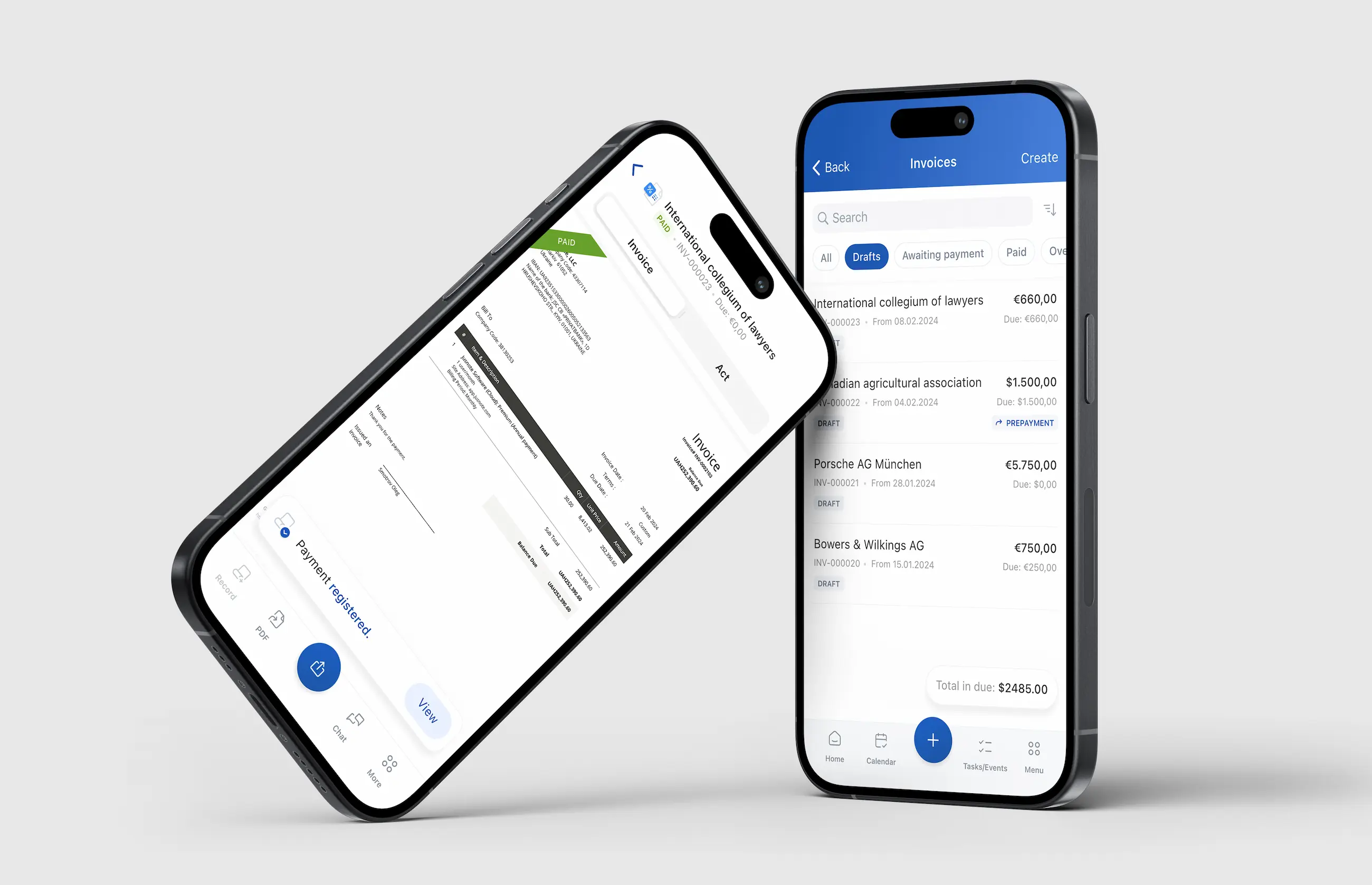 An iPhone 15 Pro displays Jusnote's invoice management module desgined by Smotrow Design, featuring an intuitive user interface with clear categorization for drafts, awaiting payments, and paid invoices, ensuring streamlined financial tracking for professionals