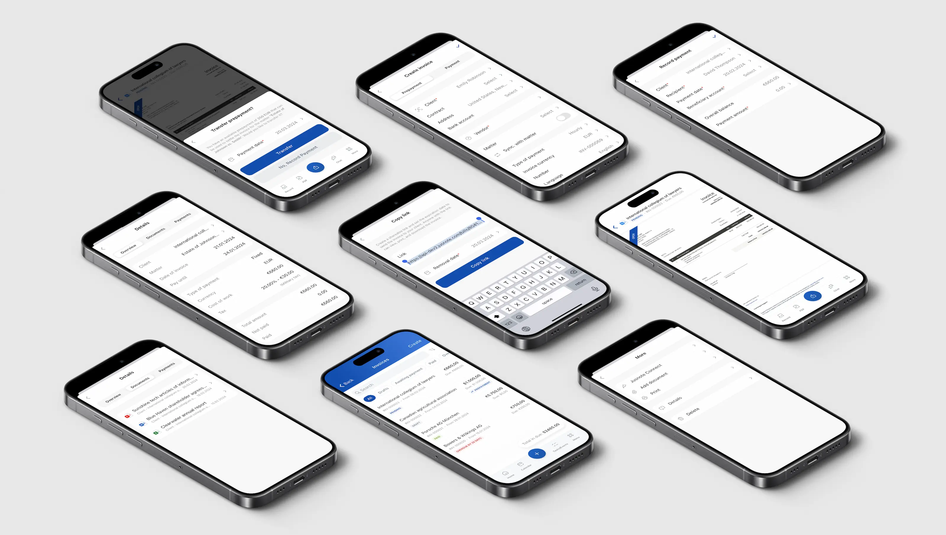 An array of smartphones displaying the user interfaces of the Jusnote mobile application and the new invoicing module designed by Smotrow Design