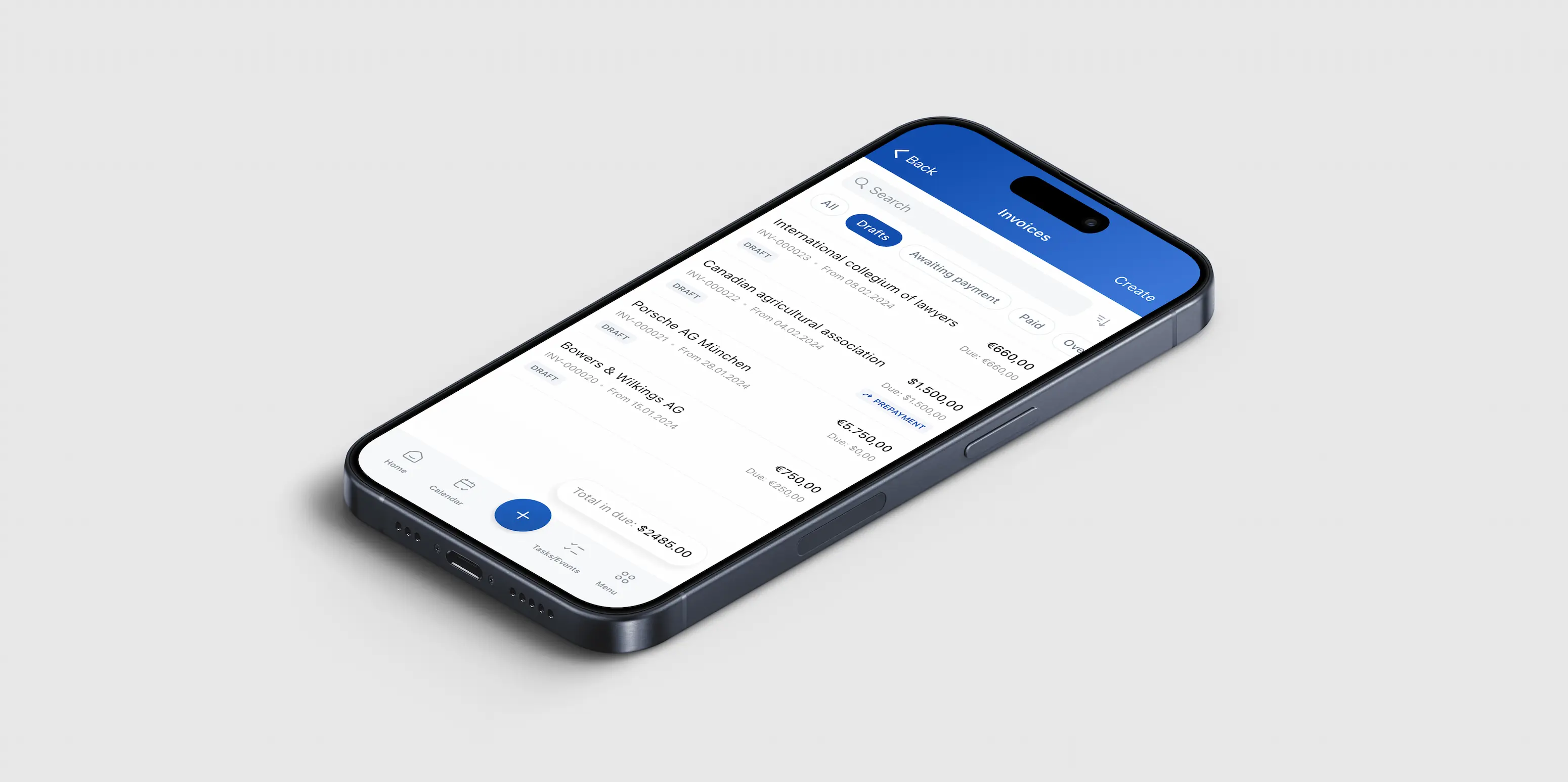 An iPhone 15 Pro lying on a white table with the Jusnote Mobile Application open, designed by Smotrow Design