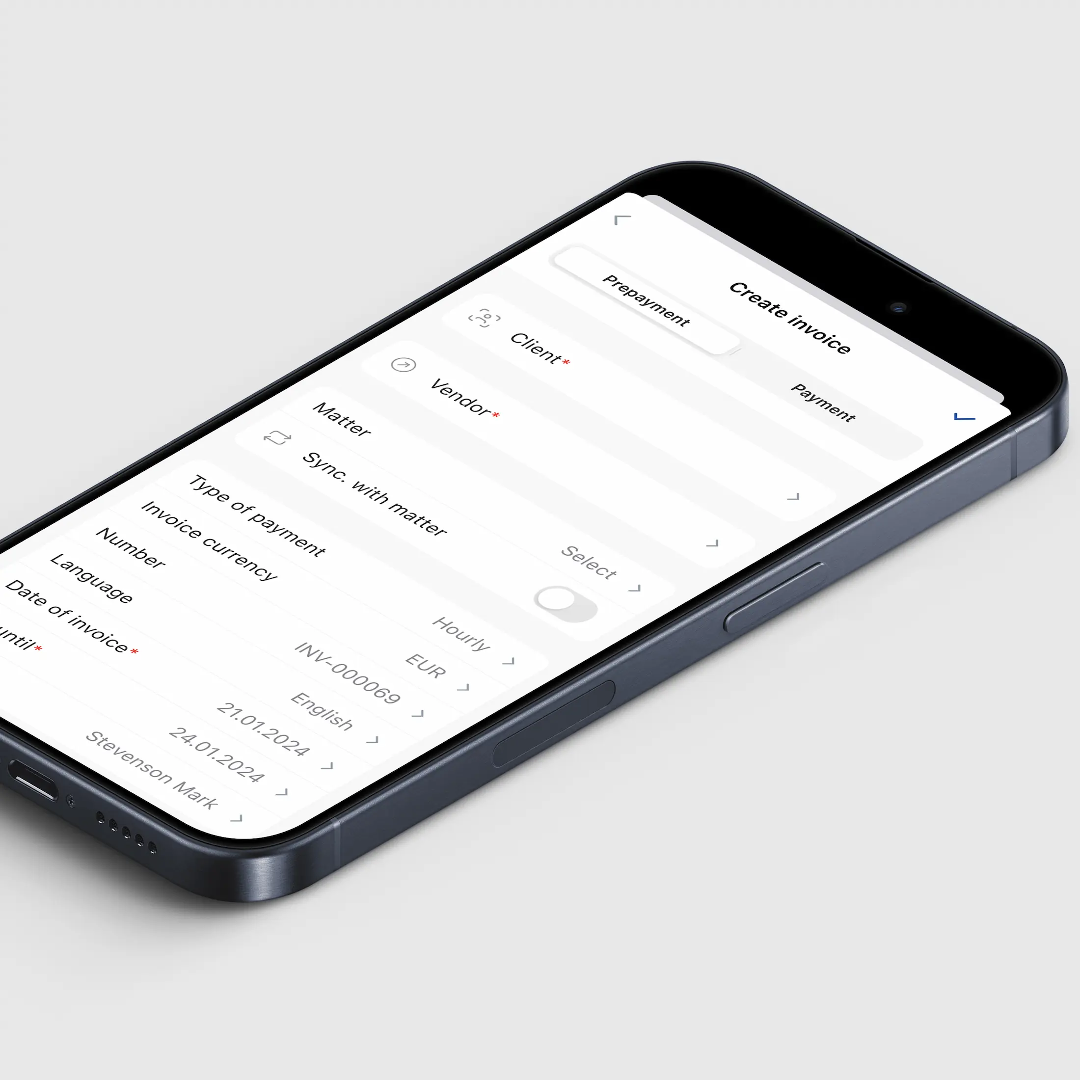 A Jusnote's mobile app screen displaying an invoice creation designed by Smotrow Design with a clean and user-friendly interface, featuring various fields and includes options to select the type of payment, invoice currency, language, and date of invoice, with a unique invoice number displayed