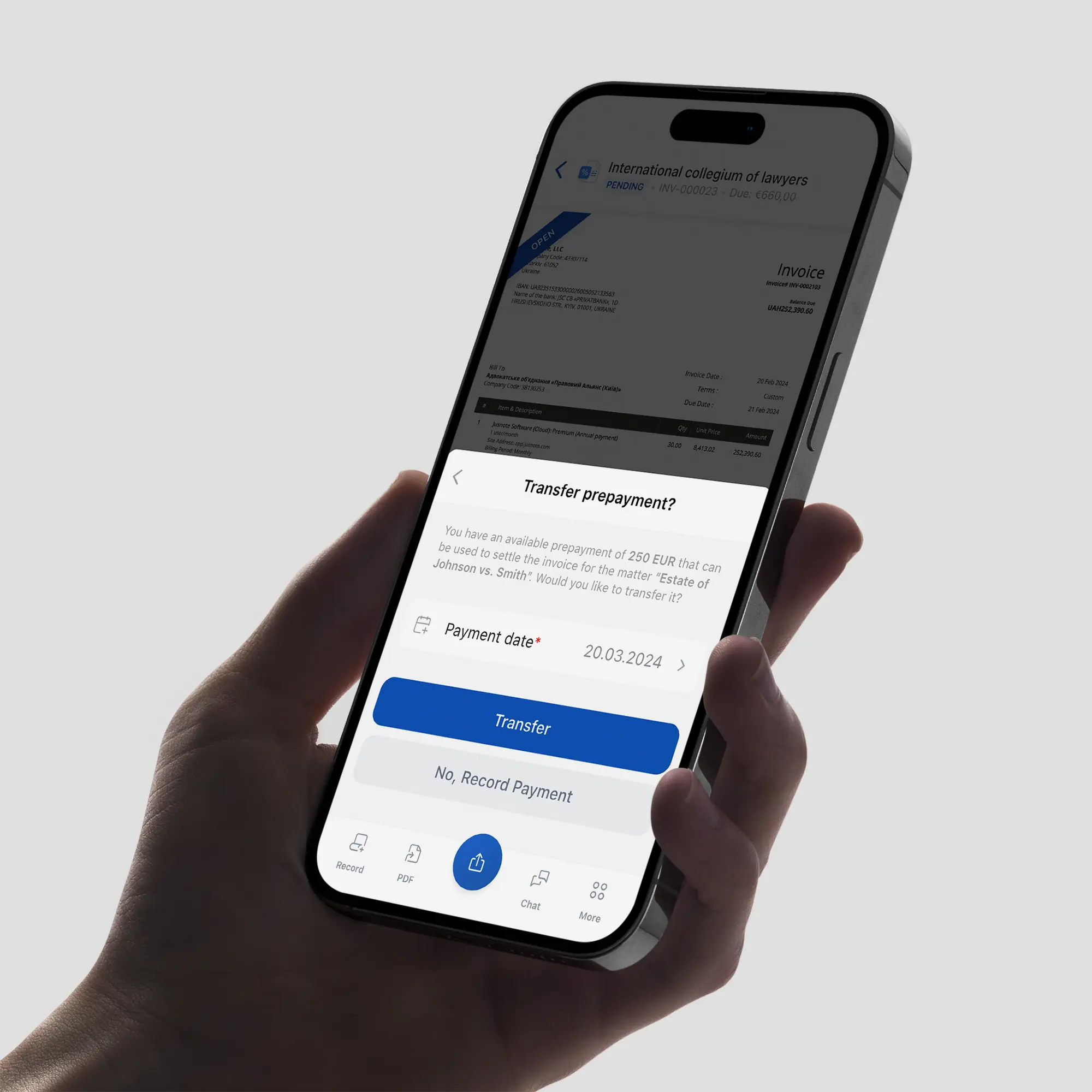 An iPhone 15 Pro showcases Jusnote's sophisticated invoice management interface designed by Smotrow Design, highlighting a user-friendly payment screen for efficient transaction handling and financial organization for legal professionals.