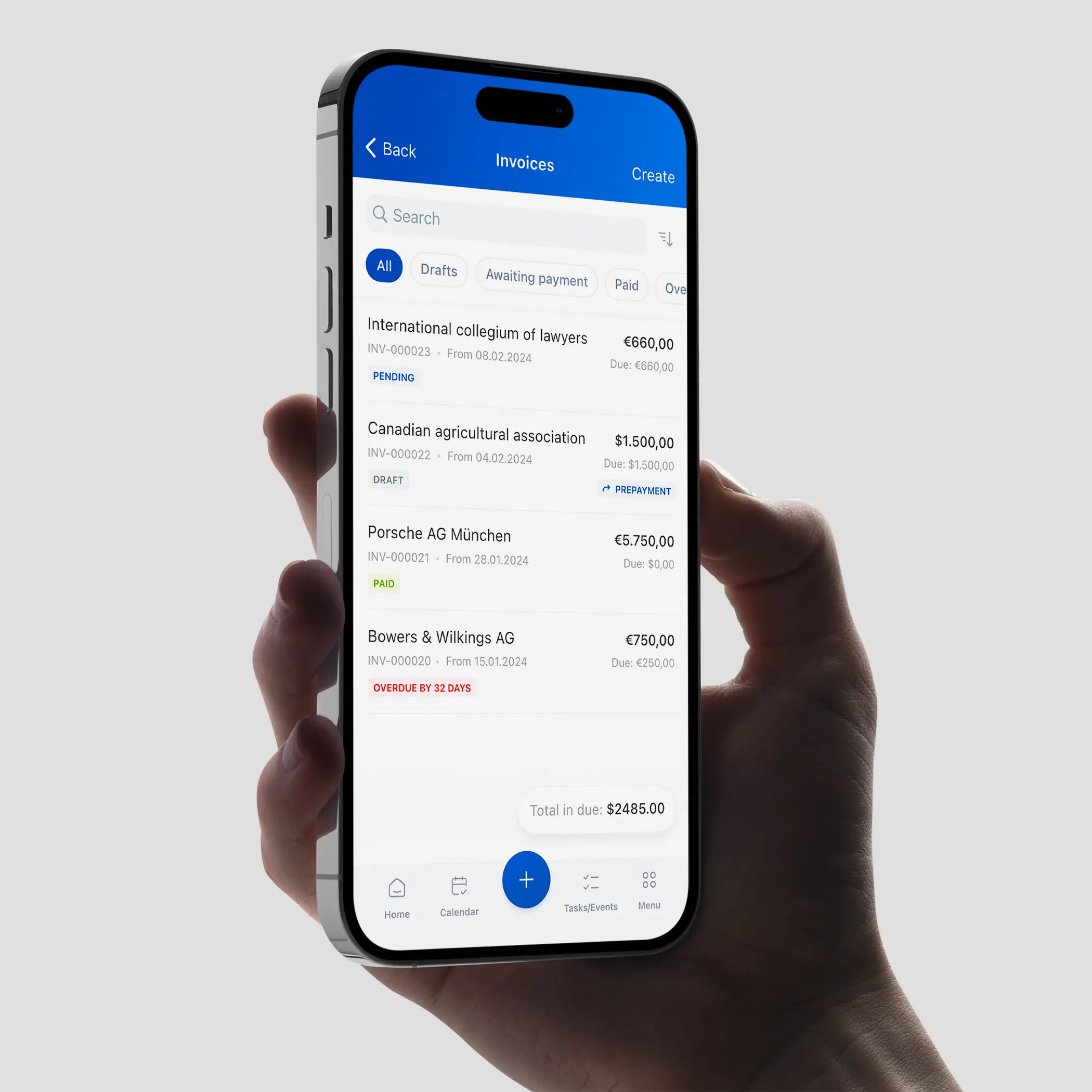 The Jusnote invoicing module, designed and developed by Smotrow Design, presents a comprehensive list of invoices accompanied by their respective statuses, streamlining the billing and payment processes for users