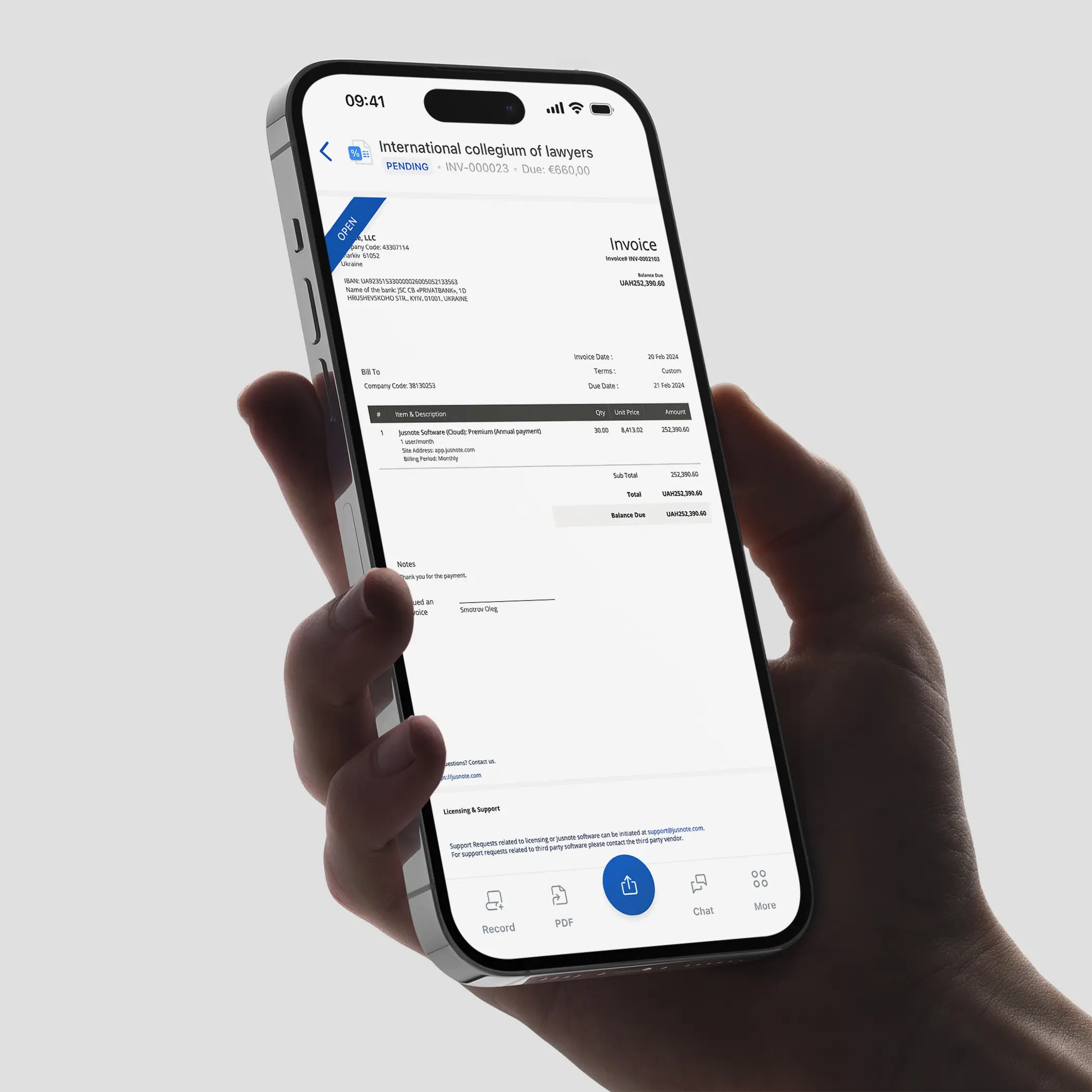 The invoice page user interface in Jusnote, designed by Smotrow Design, with sections for billing details, notes, and interactive buttons for record-keeping and communication, tailored for the efficient workflow of legal experts.