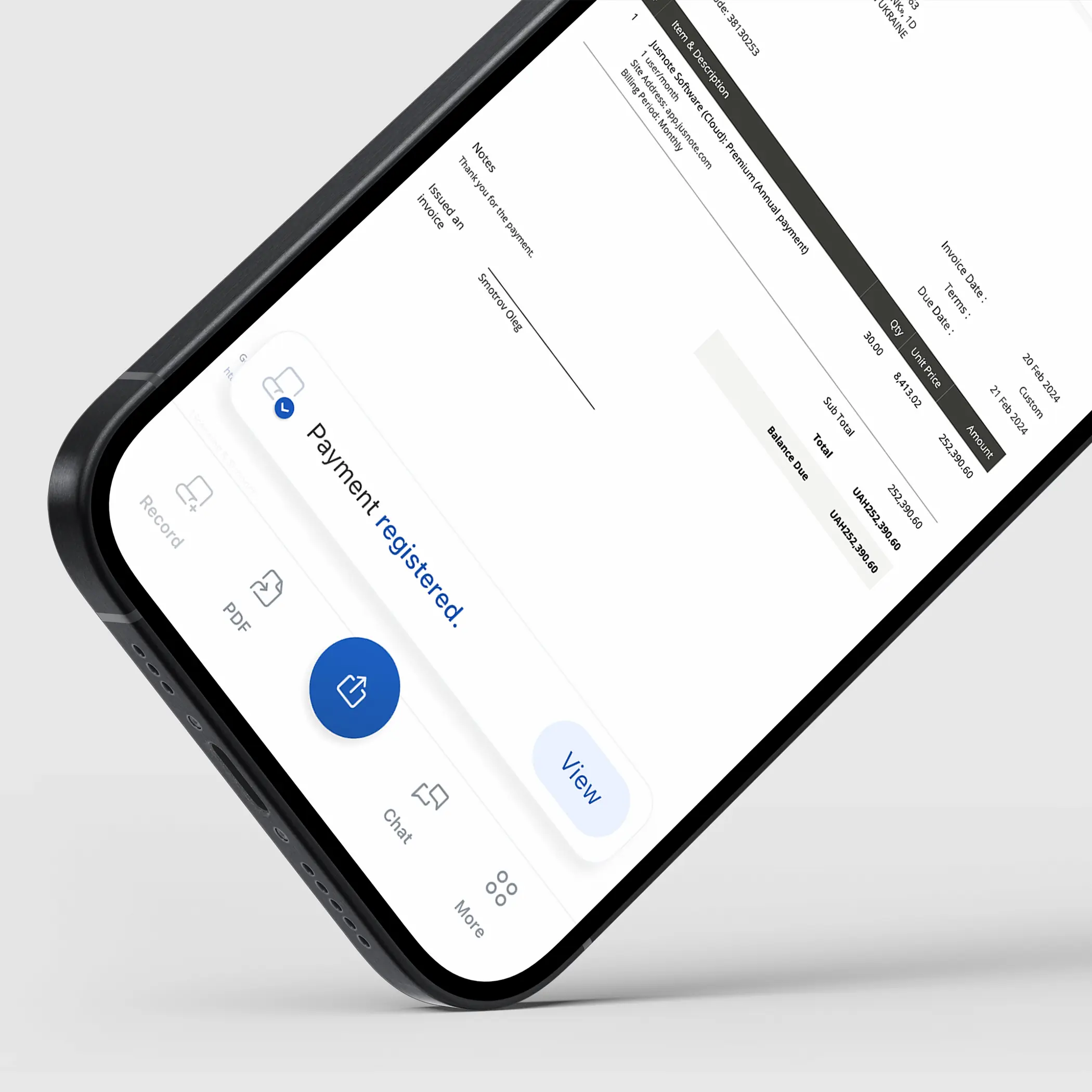 Depiction of the Jusnote mobile app's elegant UI on an iPhone 15 Pro, showcasing a minimalist invoice management user interface designed by Smotrow Design, Nikita Smotrov.